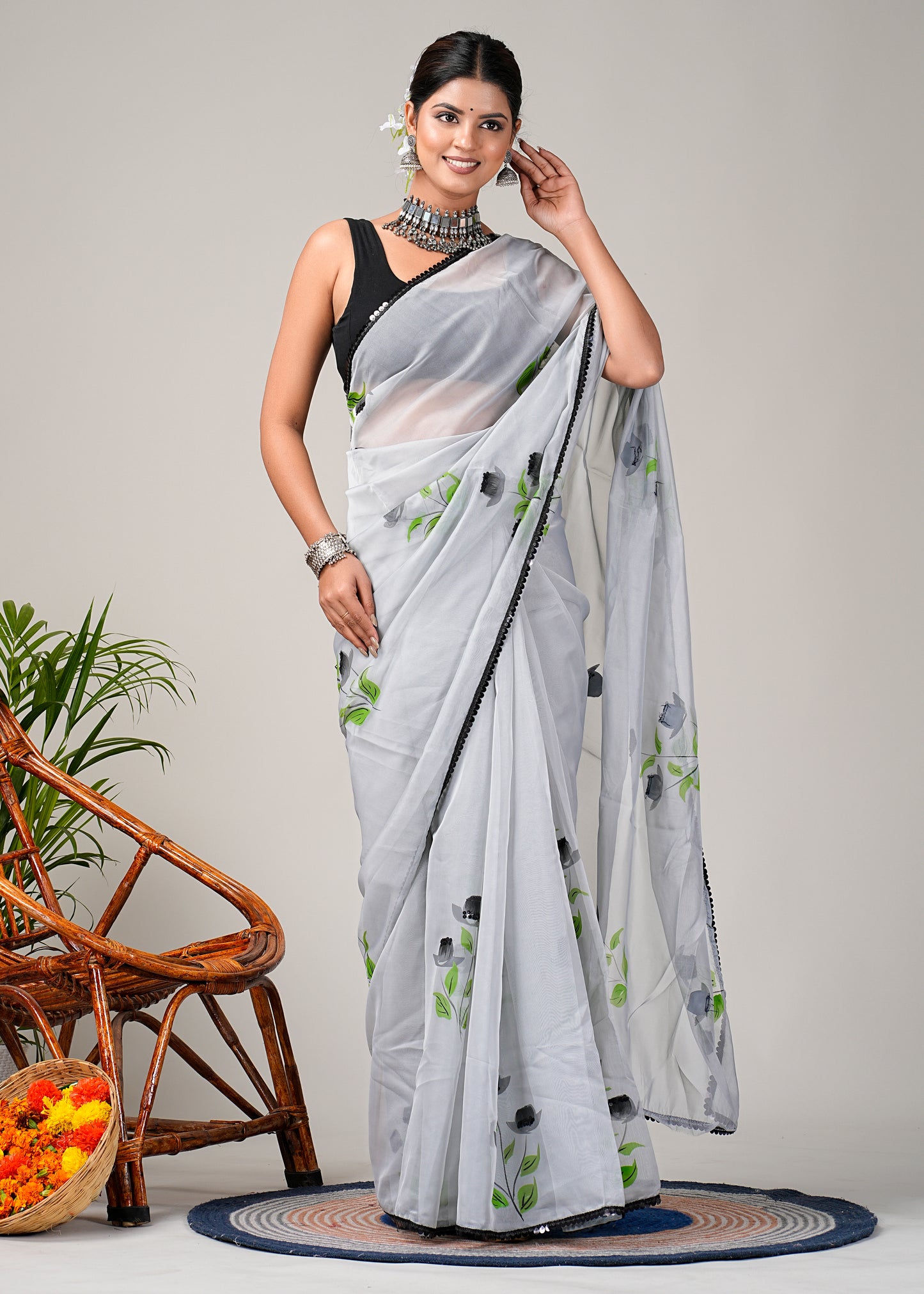 Grey floral saree